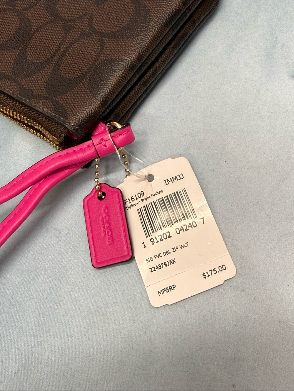 (new+tag) Coach Double-Zip Wristlet Brown Signature Monogram - Pink Wrist Strap - Picture 6 of 12